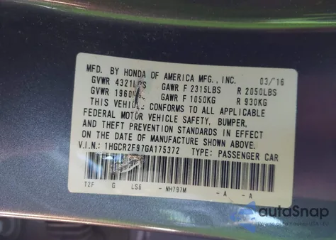 2016 Honda Accord Ex-L z USA, uszkodzony, nr VIN 1HGCR2F97GA175372